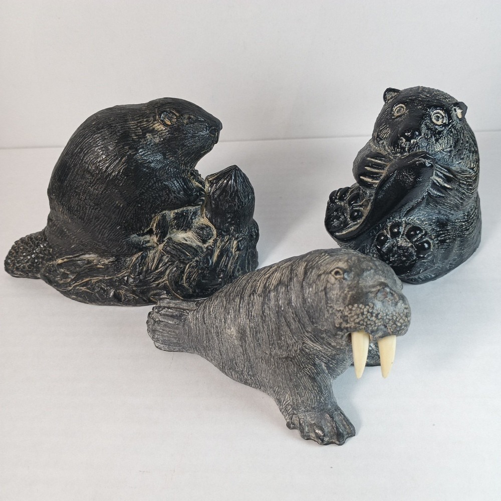 Lot of 3 Wolf Original Soapstone Carving Sculptures Beaver Bear Walrus Canada